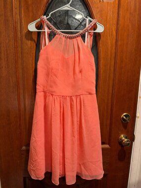 David's Bridal NWT Coral Bridesmaid Dress 14 Beaded High Neck Chiffon W11082